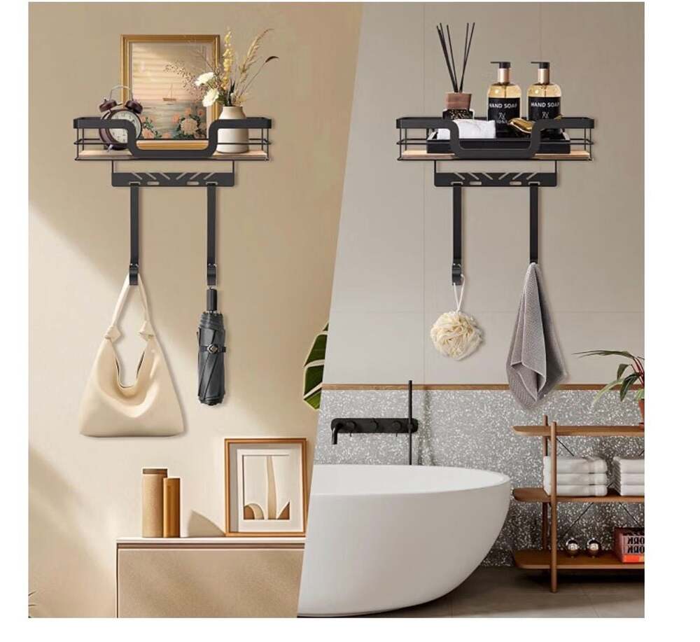 Multifunctional Wall Mounted Storage Shelf with Adjustable Hooks and Ironing Boa